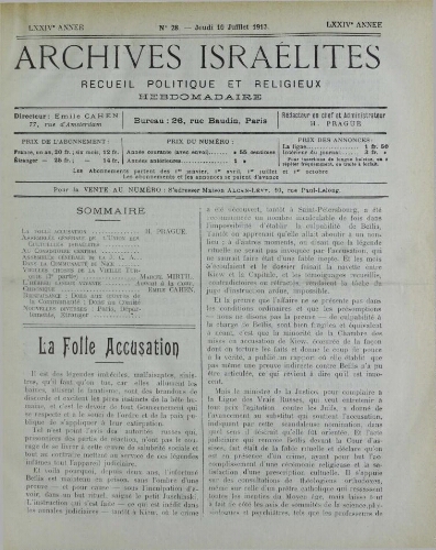 Archives israélites de France. Vol.74 N°28 (10 juil. 1913)